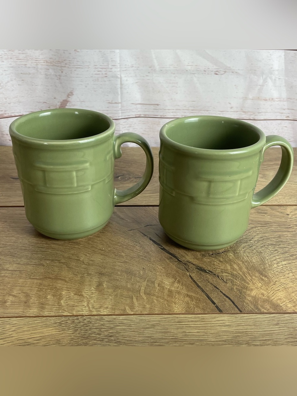 Set of 2 Longaberger Pottery Woven Traditions Mugs Sage Green Coffee Tea USA